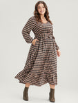 V-neck Dog Houndstooth Print Belted Pocketed Dress With Ruffles