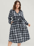 V-neck Plaid Print Pocketed Belted Midi Dress