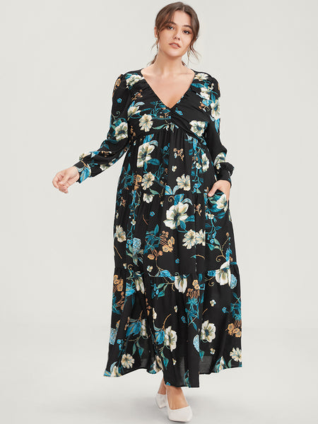 Pocketed Gathered Flutter Sleeves Floral Print Maxi Dress