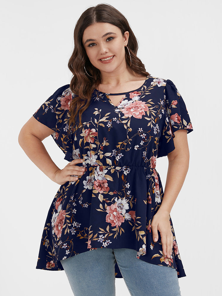 

Plus Size Women Dailywear Floral Asymmetrical Ruffle Sleeve Short Sleeve Notched Elegance Blouses BloomChic, Navy