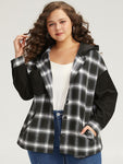 Plaid Hooded Patched Pocket Button Up Patchwork Coat
