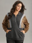 Leopard Patchwork Contrast Half Zip Dolman Sleeve Sweatshirt