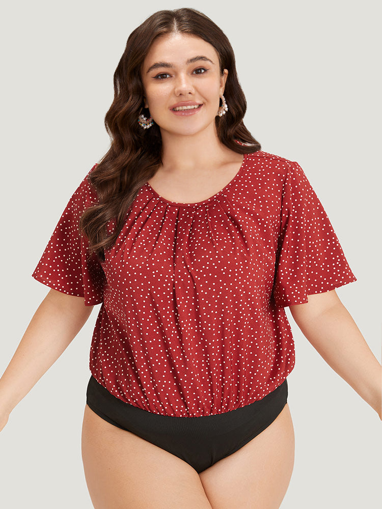 

Polka Dot Elastic Waist Plicated Detail Ruffle Sleeve Bodysuit BloomChic, Red