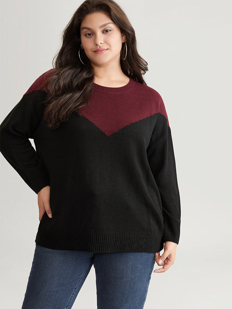 

Plus Size Pullovers | Patchwork Colorblock Drop Shoulder Pullover | BloomChic, Burgundy