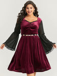 Halloween Two Tone Velvet Ruched Lace Panel Bell Sleeve Dress