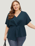 Plain Twist Front Dolman Sleeve Asymmetrical Hem Blouse