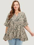 Leopard Tiered Hem Notched Ruffle Sleeve Blouse