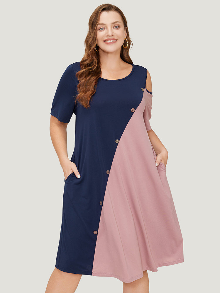 

Plus Size Women Dailywear Colorblock Contrast Regular Sleeve Short Sleeve Asymmetrical Neck Pocket Casual Dresses BloomChic, Multicolor