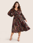 Boho Print Wrap Pocket Lantern Sleeve Dress