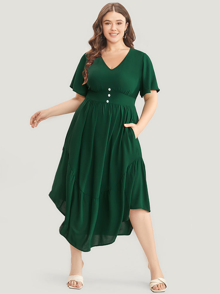 

Plus Size Women Workwear Plain Arc Hem Ruffle Sleeve Short Sleeve V Neck Pocket Workleisure Dresses BloomChic, Dark green