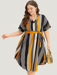 Polka Dot Patchwork Striped Belted Notched Dress