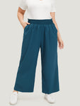 Plain Textured Shirred Elastic Waist Pocket Pants