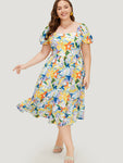 Floral Print Pocket Ruffle Hem Square Neck Dress