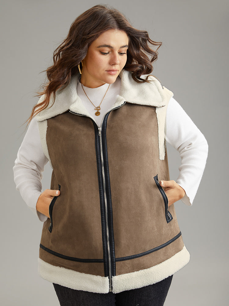 

Plus Size Jackets | Patchwork Fuzzy Zipper Pocket Contrast Vest | BloomChic, Light brown