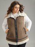 Patchwork Fuzzy Zipper Pocket Contrast Vest