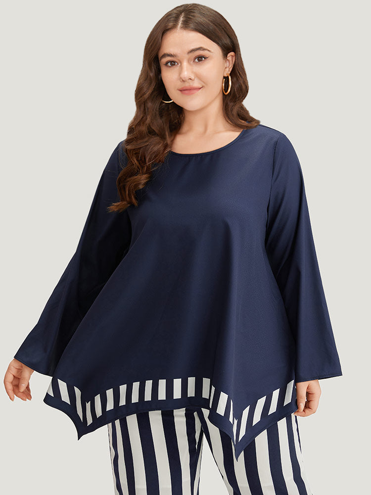 

Plus Size Two-Piece Woven Tops | Geo Contrast Asymmetrical Hem Two-Piece Woven Top | BloomChic, Indigo