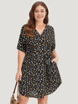 Notched Collar General Print Belted Pocketed Dress