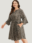 Notched Collar Animal Leopard Print Belted Pocketed Dress