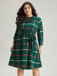 Plaid Stand Collar Gathered Belted Dress