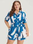 General Print Pocketed Belted Collared Romper