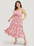 Lace Mesh Pocketed Floral Print Spaghetti Strap Dress With Ruffles