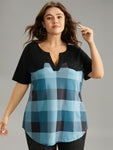 Plaid Patchwork Contrast Notched Arc Hem T shirt