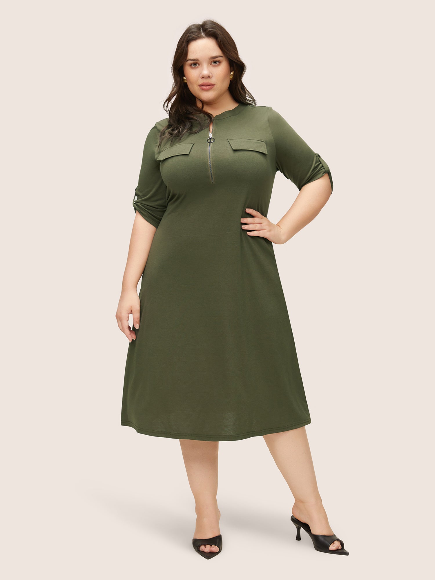 

Plus Size Women Work Plain Non Regular Sleeve Elbow-length sleeve Notched collar Pocket At the Office Dresses BloomChic, Army green