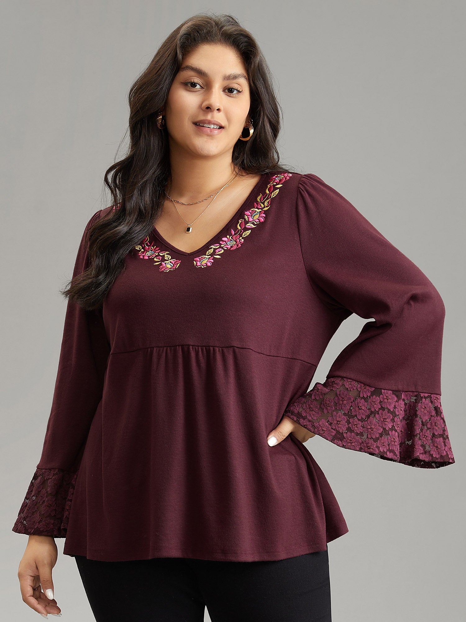 

Plus Size Women Dailywear Plants Patchwork Bell Sleeve Long Sleeve V-neck Elegant T-shirts BloomChic, Burgundy