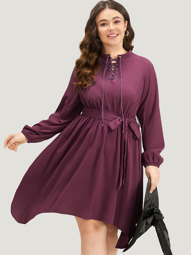 Image of Plain Lantern Sleeve Belted Lace Up Asymmetrical Hem Dress