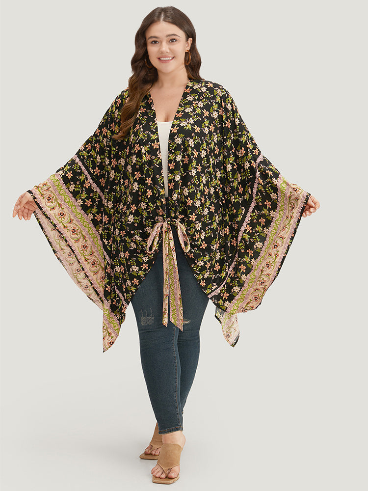 

Plus Size Cover Ups/Kimonos | Floral Print Bowknot Front Batwing Sleeve Kimono | BloomChic, Multicolor
