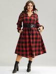 Plaid Print Leather Lace-Up Notched Collar Dress