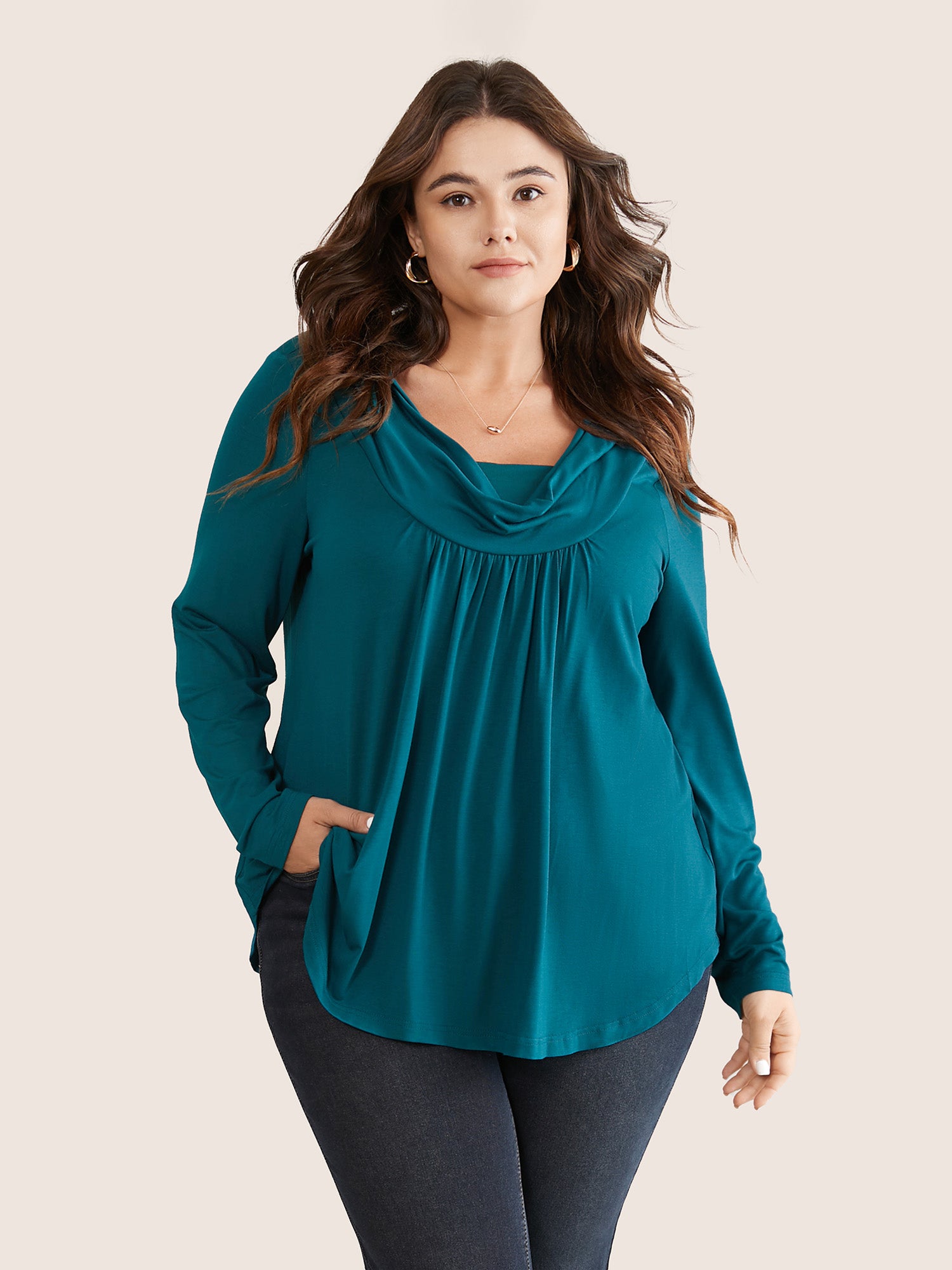 

Plus Size Women Dailywear Plain Gathered Regular Sleeve Long Sleeve Cowl Neck Casual T-shirts BloomChic, Aegean