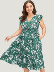 Cap Sleeves Floral Print Belted Pocketed Dress With Ruffles