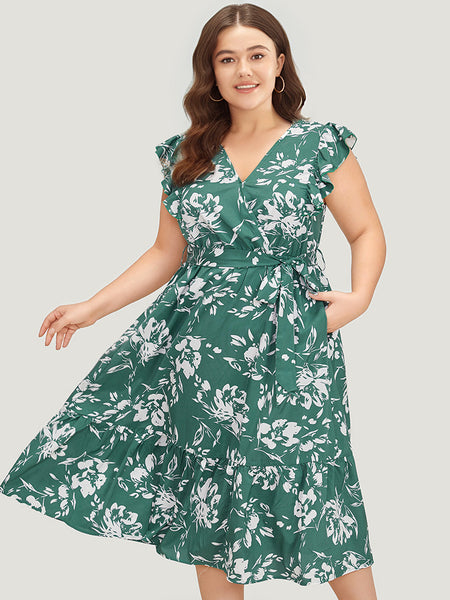 Cap Sleeves Floral Print Belted Pocketed Dress With Ruffles