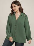 Solid Button Up Lantern Sleeve Contrast Lace Blouse