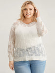 Plain Ice Rayon Yarn V Neck Geometric Eyelet Knit Top