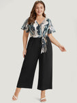Marble Print Patchwork Wrap Ruffle Sleeve Belted Jumpsuit