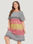 Striped Contrast Roll Pocket Dolman Sleeve Dress
