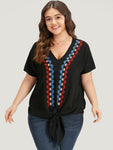 Contrast Embroidered Twist Front V Neck Blouse