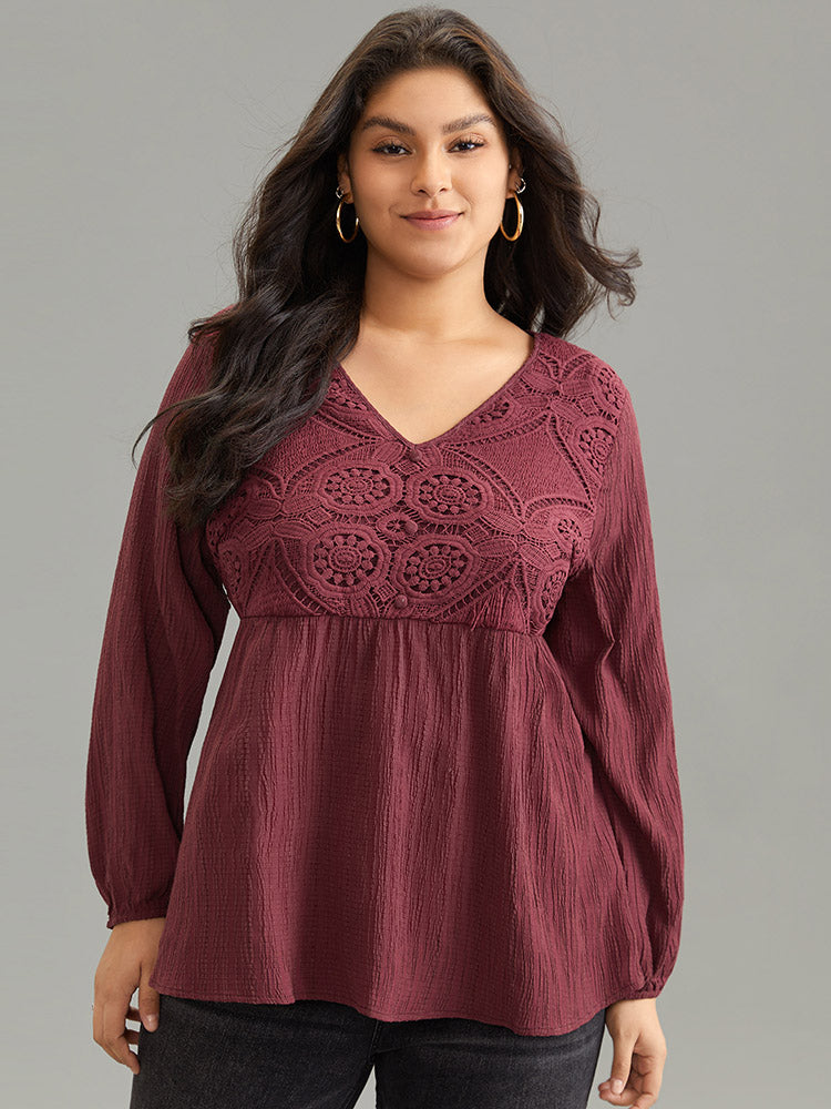 

Plus Size Women Dailywear Plain Texture Lantern Sleeve Long Sleeve V-neck Elegant Blouses BloomChic, Burgundy