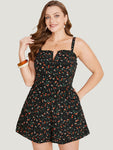 Spaghetti Strap Notched Collar Floral Print Pocketed Romper