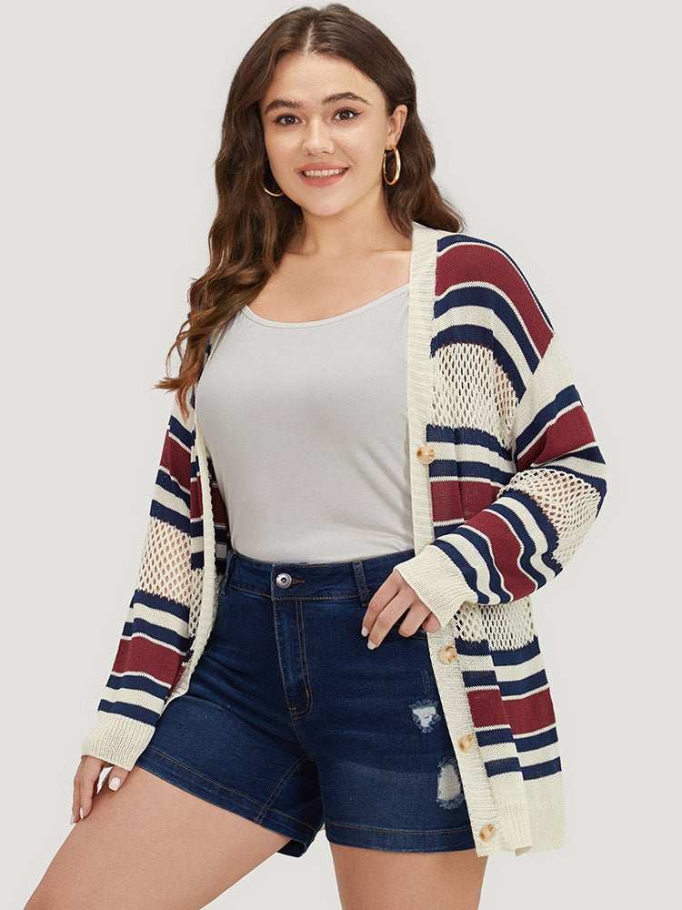 

Striped Hollow Out Patchwork Button Detail Cardigan BloomChic, Beige