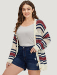 Striped Hollow Out Patchwork Button Detail Cardigan