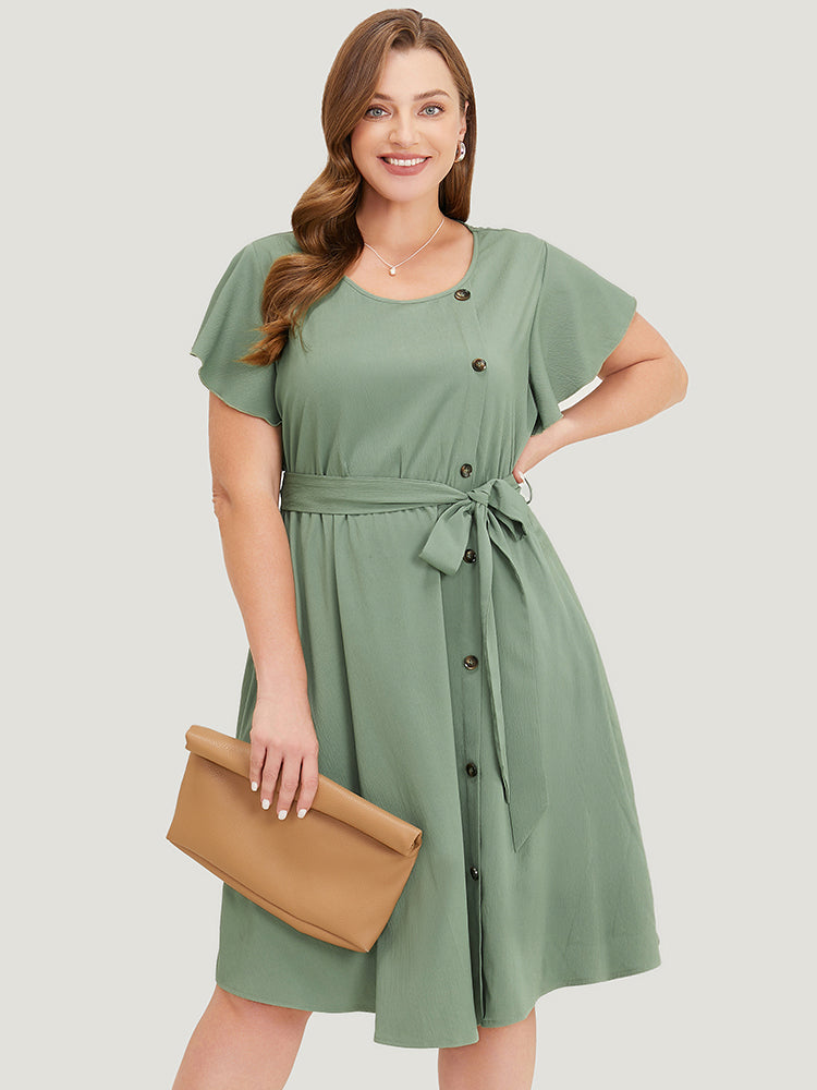 

Plus Size Women Workwear Plain Button Ruffle Sleeve Cap Sleeve Round Neck Pocket Belt Workleisure Dresses BloomChic, Sage