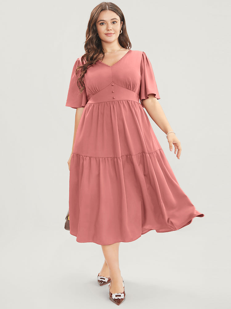 

Plus Size Women Workwear Plain Gathered Ruffle Sleeve Half Sleeve V Neck Pocket Workleisure Dresses BloomChic, Dusty pink