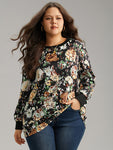 Floral Print Elastic Cuffs Sweatshirt