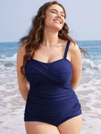 Solid Crossover Gathered Adjustable Straps Tankini Top
