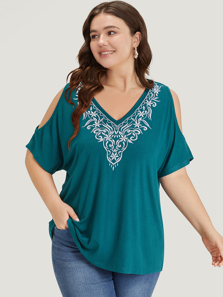 

Plus Size Women Dailywear Silhouette Floral Print Cut-Out Ruffle Sleeve Short Sleeve Deep V Neck Elegance T-shirts BloomChic, Cyan