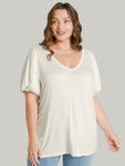 Solid Puff Sleeve V Neck T shirt