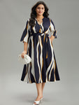 Water Ripple Belted Overlap Collar Pocket Dress